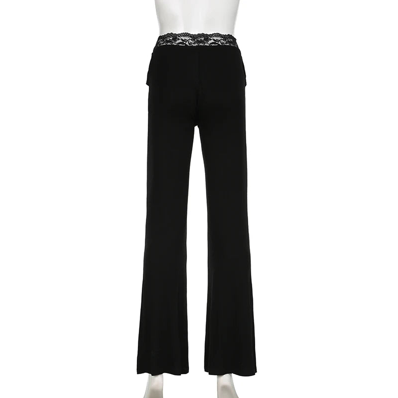 Casual Black Skinny Lace Spliced Basic Women Pants Bow Yoga Soft Gym Bow Harajuku Full Length Flared Trousers Bottoms