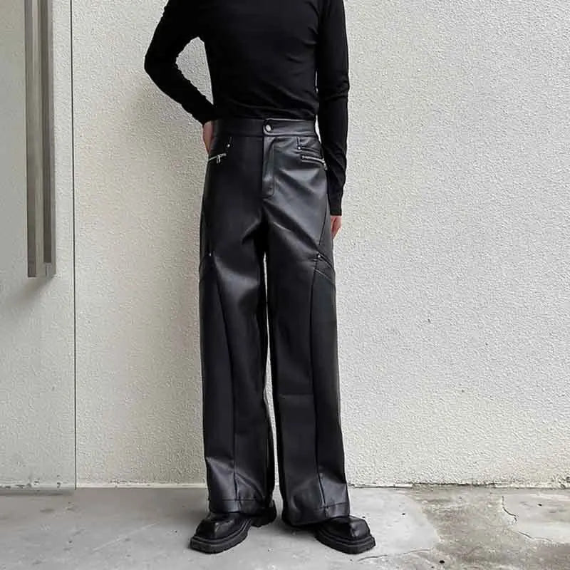 Men's Trousers New Fashionable PU Leather Wide Leg Casual Pants Korean Style Versatile Baggy Strtwear Trend Male C2993