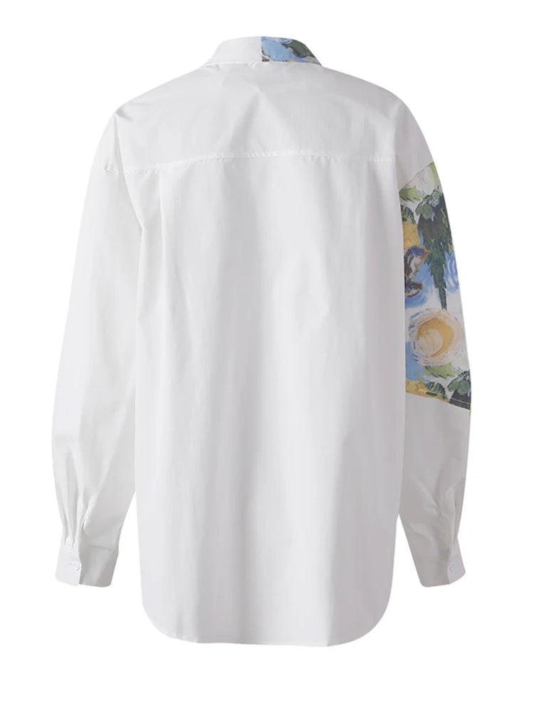 Women White Pattern Printed Big Size Elegant Blouse New Lapel Long Sleeve Shirt Fashion Tide Spring Autumn 2025 CPG3114