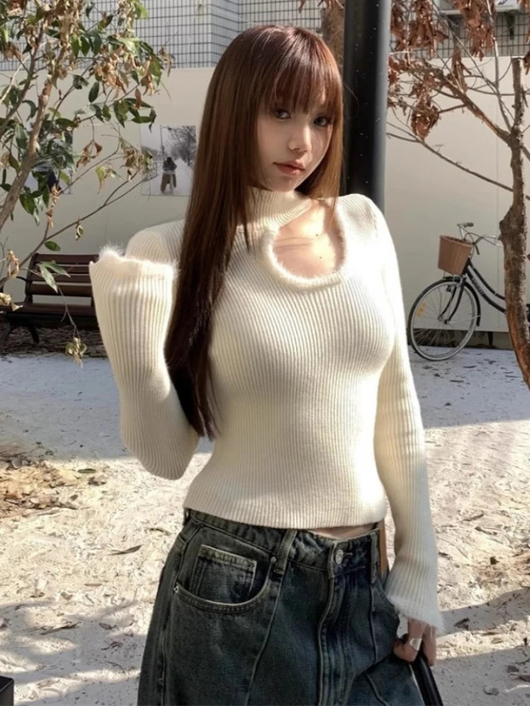 Women Sexy Hollow Out Crop Sweater Grunge Patchwork Streetwear Vintage Knitted Jumpers Y2k Aesthetic Half High Collar Pullovers