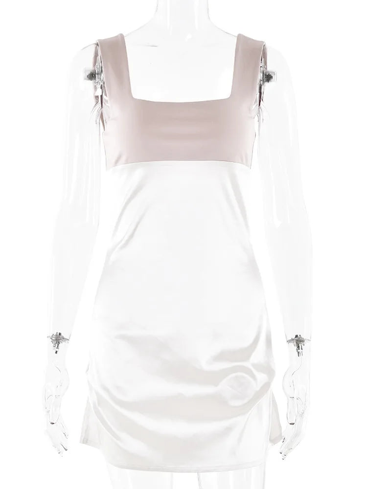 Sexy Square Neck Elastic Tight Short Skirt For Women Spliced Mini Dress 2024 Summer New Vestido Fashionable Streetwear