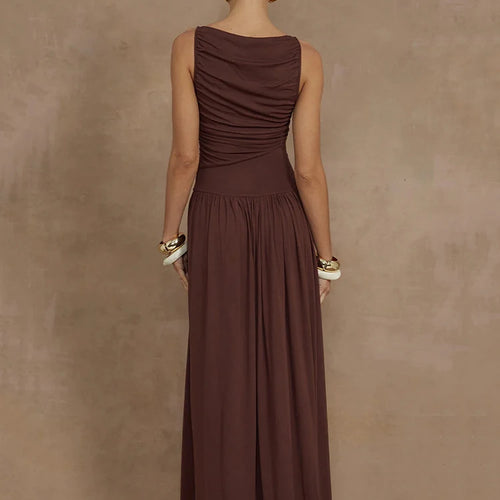 Load image into Gallery viewer, Elegant Sleeveless Maxi Dress For Women Fashion Solid Boat Neck Tank Dresses Ladies Sexy Ruched Long Dress New Gown
