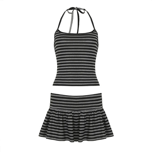 Load image into Gallery viewer, Casual Striped Contrast Color Tow Piece Sets Women's Summer Mini Slim Lace-Up Halter Camis+Super Short Skirts Outfits

