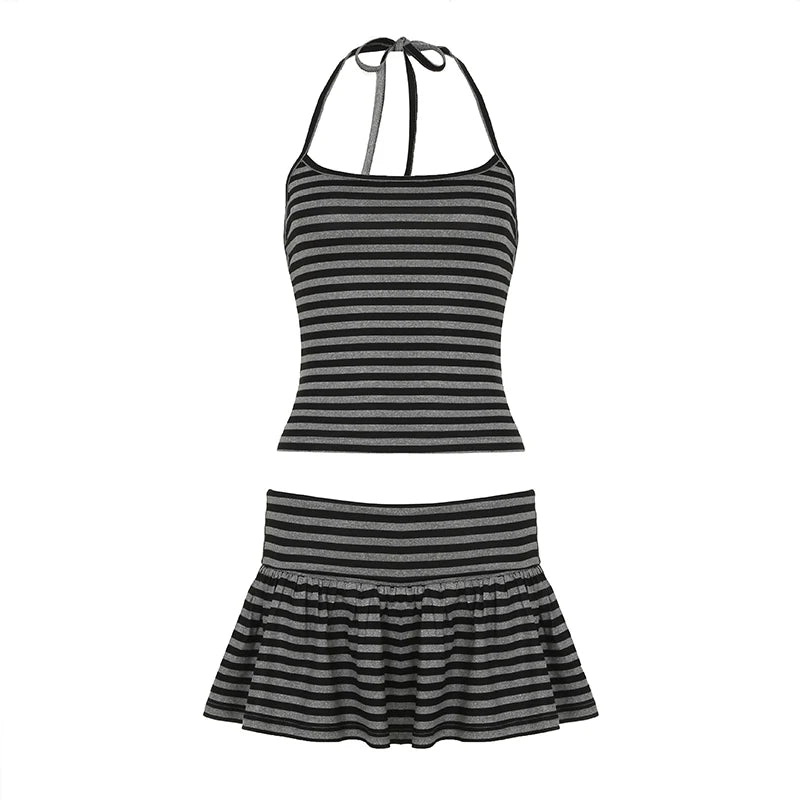Casual Striped Contrast Color Tow Piece Sets Women's Summer Mini Slim Lace-Up Halter Camis+Super Short Skirts Outfits