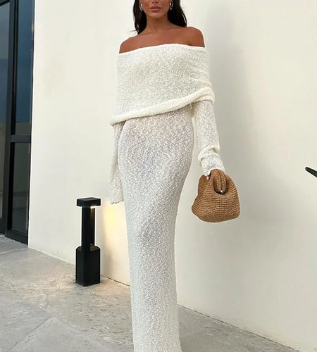 Hollow Out Strapless Knit Sexy Maxi Dress For Women Off-shoulder Backless Long Sleeve Beach Holiday Long Dress