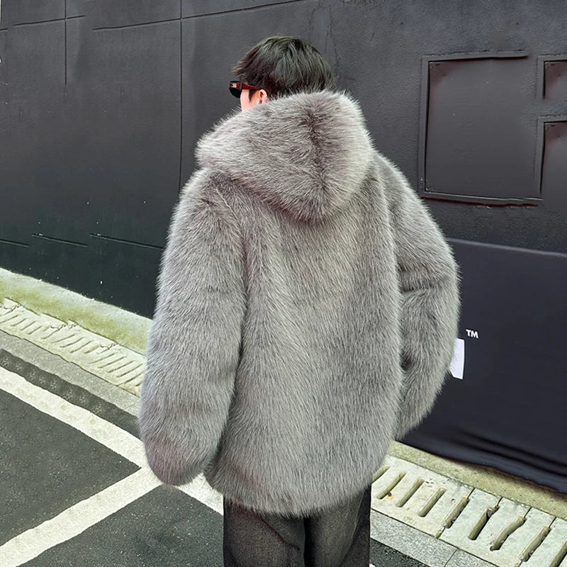 Fashion Men's Faux Fur Jacket Hooded Zipper Warm Coat 2024 Autumn Winter New Fashion Tide Solid Color Jackets 9C9257