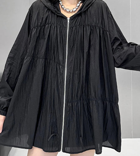 Black Pleated Thin Big Size Casual Jacket New Hooded Long Sleeve Women Coat Fashion Tide Spring Autumn 2025  1DJ1686