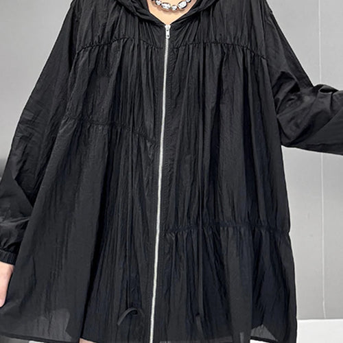 Load image into Gallery viewer, Black Pleated Thin Big Size Casual Jacket New Hooded Long Sleeve Women Coat Fashion Tide Spring Autumn 2025  1DJ1686
