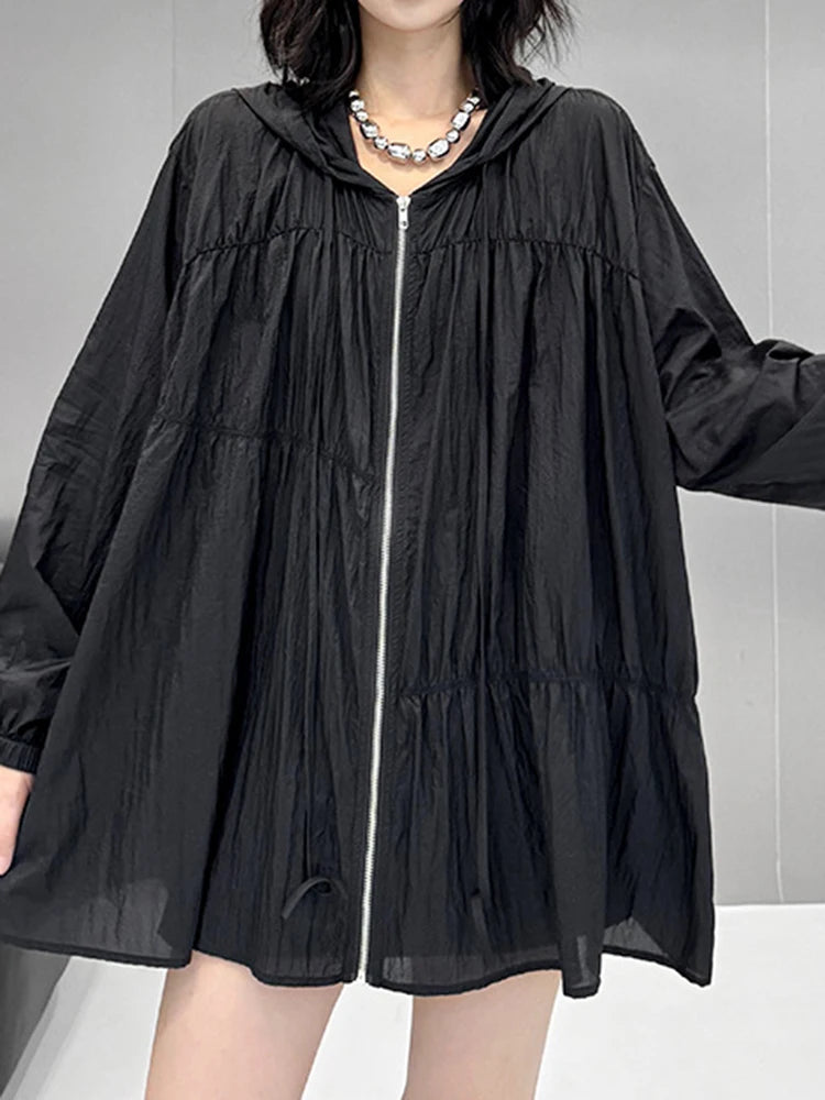 Black Pleated Thin Big Size Casual Jacket New Hooded Long Sleeve Women Coat Fashion Tide Spring Autumn 2025  1DJ1686
