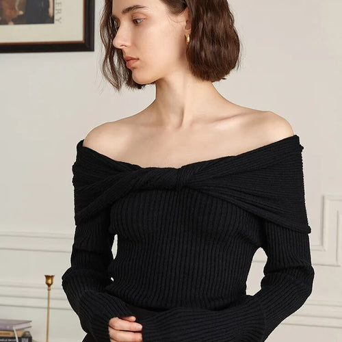 Load image into Gallery viewer, Solid Slimming Twist Front Knitting Sweaters For Women Slash Neck Long Sleeve Cold Shoulder Sweater Female Fashion
