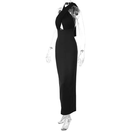Load image into Gallery viewer, Halter Backless Sexy Maxi Dress For Women Black Satin Hollow Out Sleeveless Strapless Bodycon Club Long Dress Elegant
