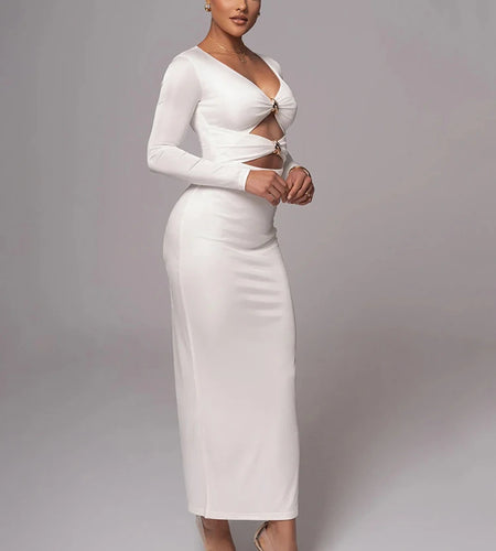 Hollow out long sleeve sexy maxi dress for women fashion solid V neck back split bodycon club long dress elegant