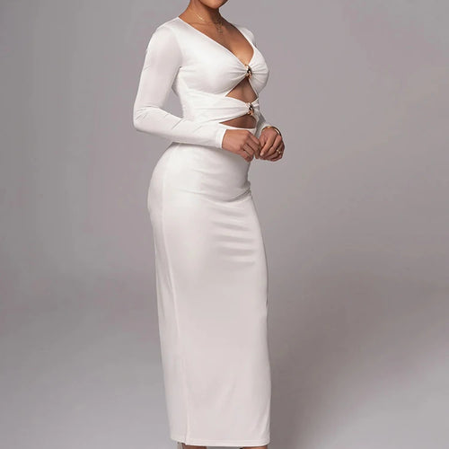 Load image into Gallery viewer, Hollow out long sleeve sexy maxi dress for women fashion solid V neck back split bodycon club long dress elegant
