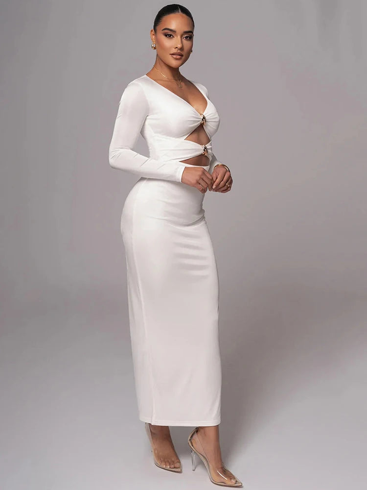 Hollow out long sleeve sexy maxi dress for women fashion solid V neck back split bodycon club long dress elegant