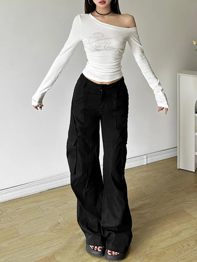 2025 Harajuku Letter Diamond Vintage T-shirt Women Slash Neck Y2k Aesthetic Grunge Crop Tees Streetwear Slim Fit Autumn Tshirts