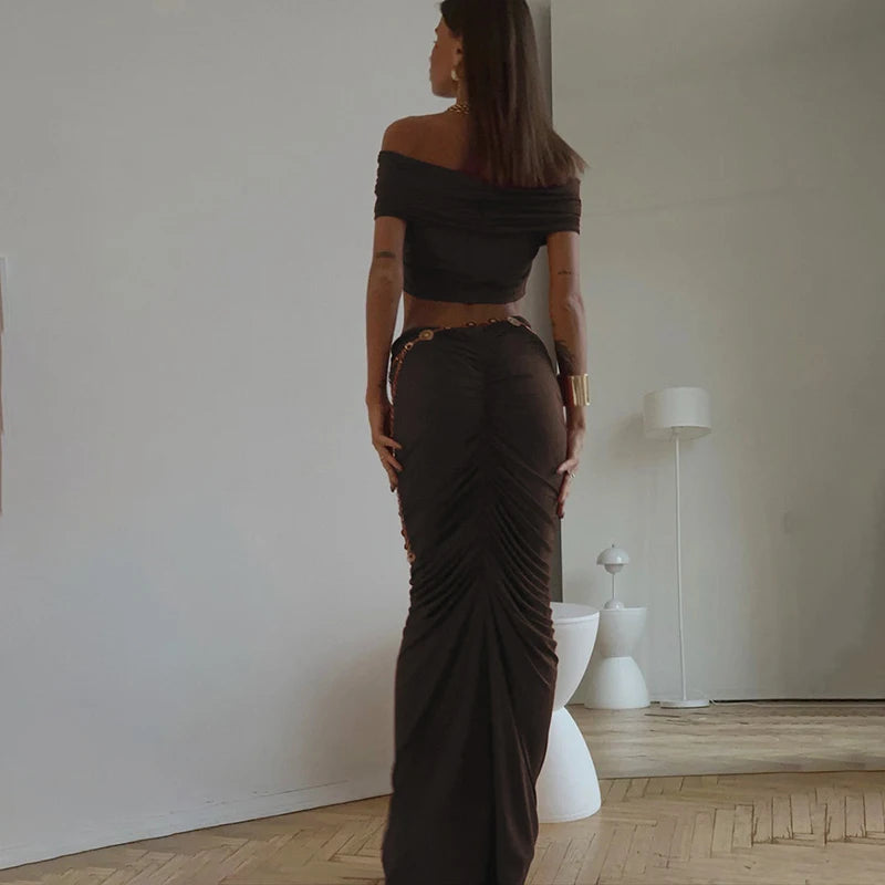 Sexy Skirt Two Peces Sets Women Elegant Off-shoulder Slim Fit Crop Top And Bodycon Skirt Two Peces Sets Ladies Outfits