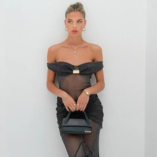 Load image into Gallery viewer, Mesh See Through Ruffled Sexy Maxi Dress For Women Gown Gray Off-shoulder Strapless Backless Ruched Long Dress Vestido
