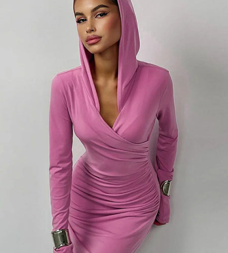 Elegant V Neck Hooded Maxi Dress For Women Autumn Winter New Long Sleeve Bodycon Ruched Fashion Long Dress New