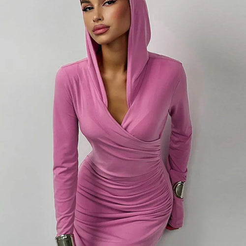 Load image into Gallery viewer, Elegant V Neck Hooded Maxi Dress For Women Autumn Winter New Long Sleeve Bodycon Ruched Fashion Long Dress New
