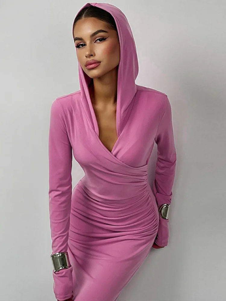 Elegant V Neck Hooded Maxi Dress For Women Autumn Winter New Long Sleeve Bodycon Ruched Fashion Long Dress New