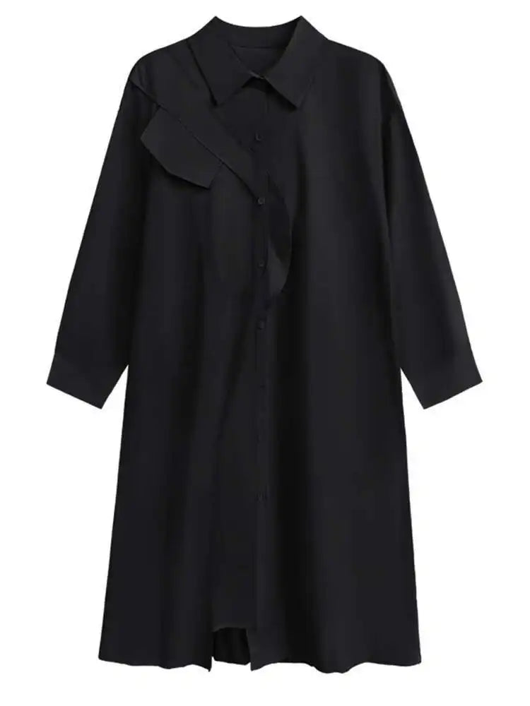 Women Purple Irregular Spliced Big Size Shirt Dress New Lapel Long Sleeve Loose Fit Fashion Spring Autumn 2025 1DH0654