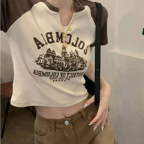 Load image into Gallery viewer, Vintage Printed T-Shirts Women Slim V-Neck Crop Top Y2k Aesthetic Short Sleeve Streetwear Grunge Tee Korean Version Pullovers

