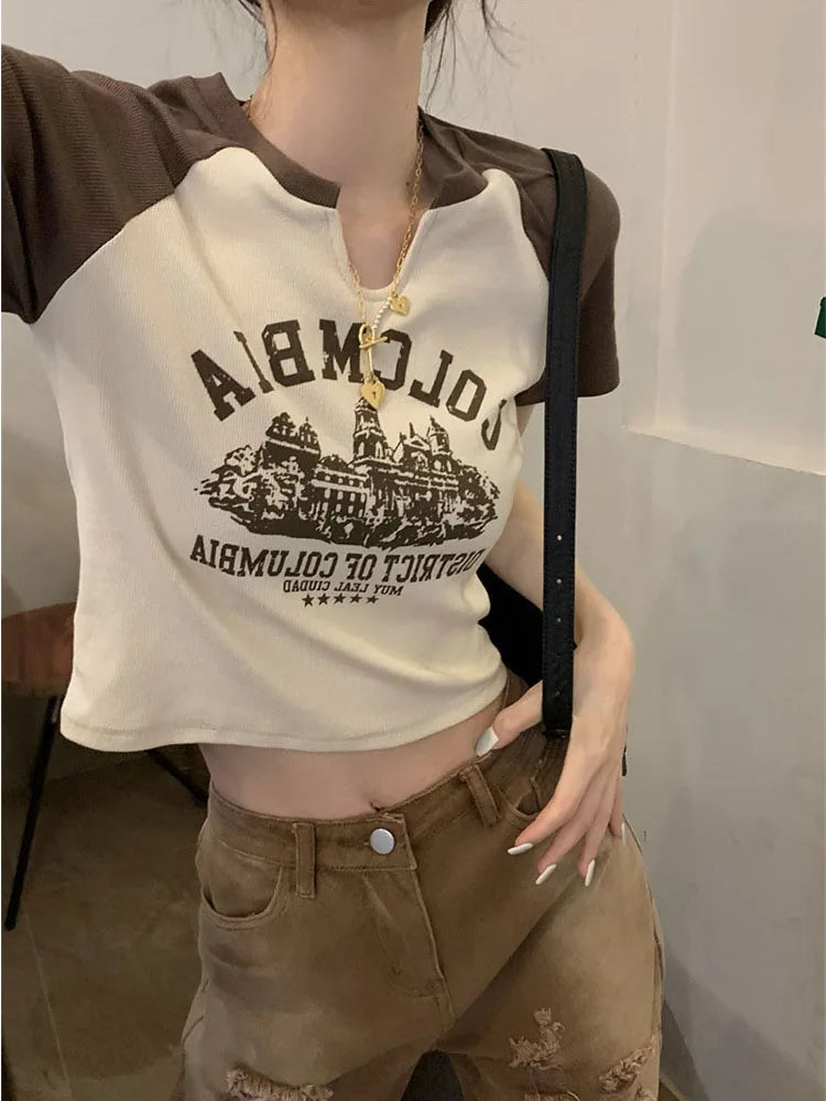 Vintage Printed T-Shirts Women Slim V-Neck Crop Top Y2k Aesthetic Short Sleeve Streetwear Grunge Tee Korean Version Pullovers
