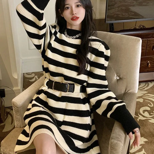 Load image into Gallery viewer, Knitted Knit Striped Sweater Dress Women Belt Korean Fashion Kpop Long Sleeve Mini Short Dresses Autumn Winter
