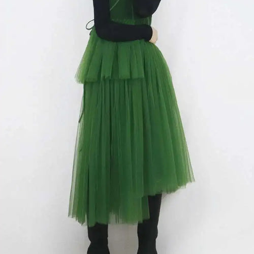 Load image into Gallery viewer, Women Green Mesh Irregular Elegant Dress New Round Neck Sleeveless Loose Fit Fashion Tide Spring Summer 2025 1DF9867
