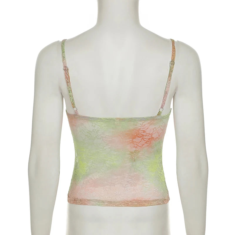 Random Colorful Lace Hook Floral Slimming Camisole Women's Summer Chic Cross V-Neck Mini Cropped Tops Y2K Aesthetics