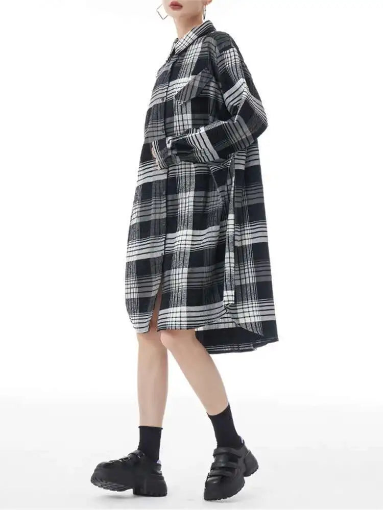 Women Plaid Big Size Knee-Length Shirt Dress New Lapel Long Sleeve A-line Loose Fit Fashion Spring Autumn 2025 1DH2091