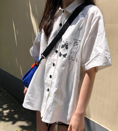 Preppy Style Oversized Loose Cartoon Print Women Blouse Harajuku Single Breasted Grunge Blusas Y2k Aesthetic Casual White Shirts