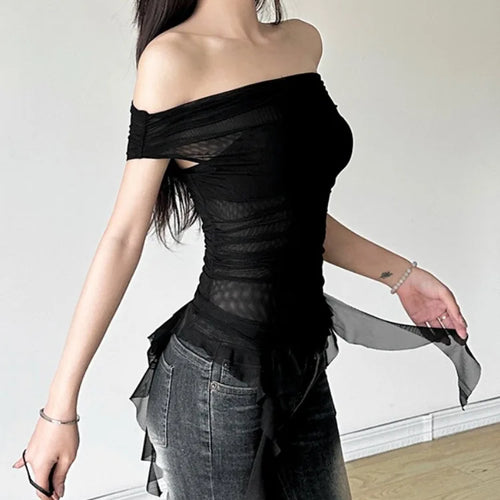 Load image into Gallery viewer, Summer Sexy Y2k Aesthetic Vintage Gauze T-Shirts Streetwear Slash Neck Slim Tshirts Harajuku Summer Irregular Ruffled Crop Tops
