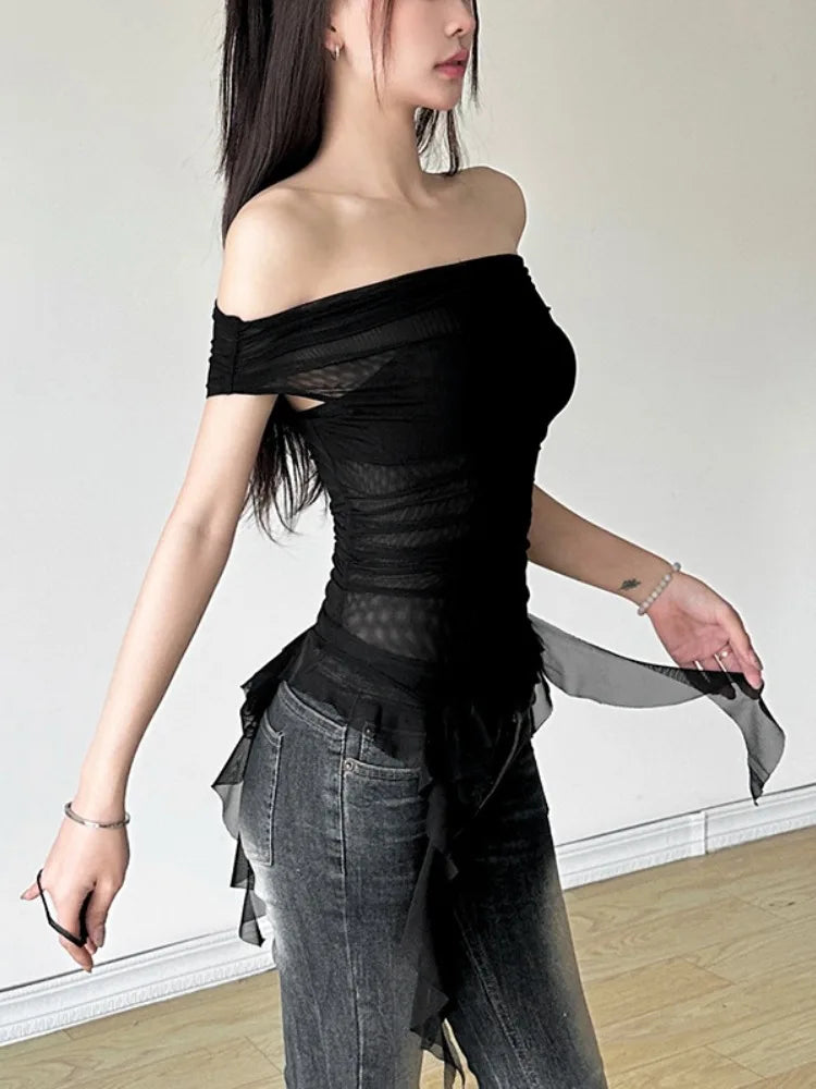 Summer Sexy Y2k Aesthetic Vintage Gauze T-Shirts Streetwear Slash Neck Slim Tshirts Harajuku Summer Irregular Ruffled Crop Tops