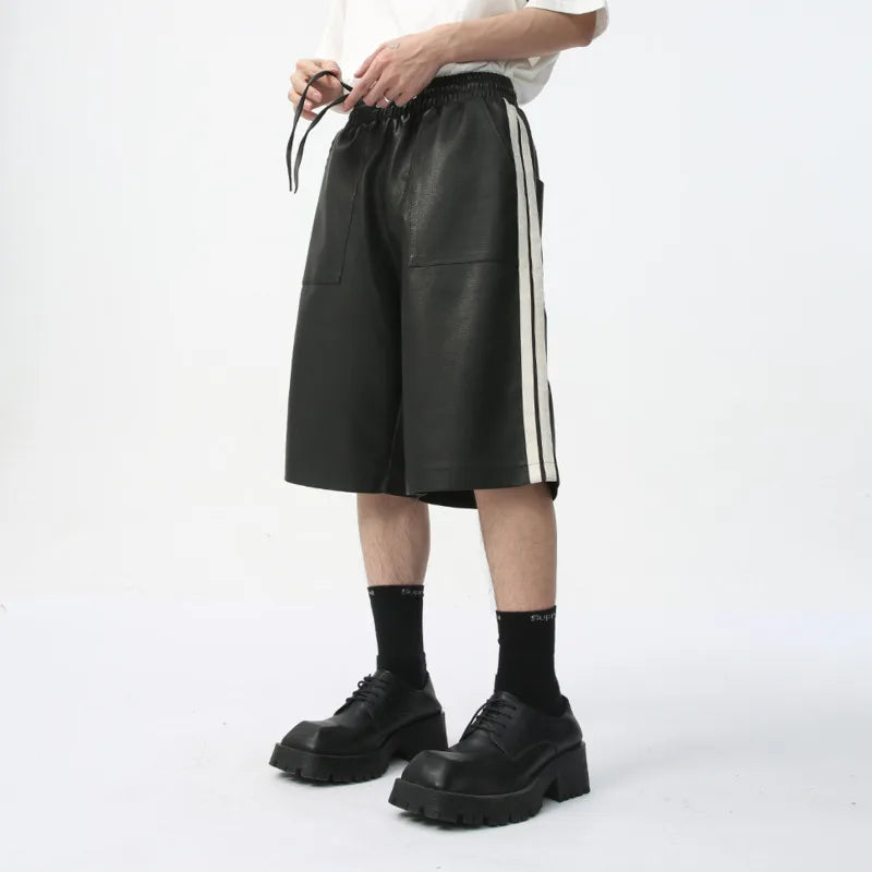 Men's PU Leather Shorts Casual Summer Side White Stripes Fashion Trend Elastic Waist Loose Male Chaparejos 9C5679