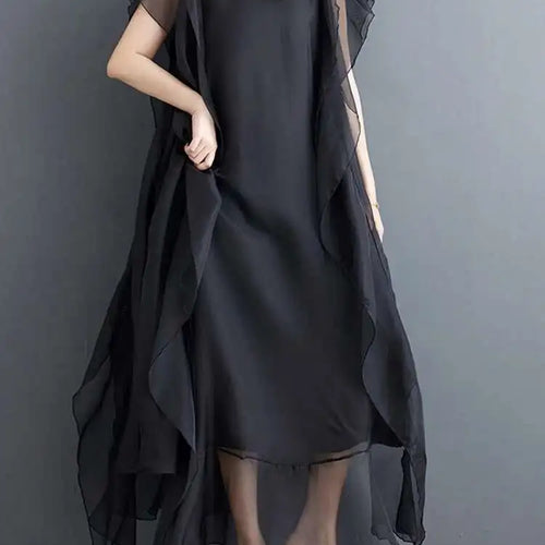 Load image into Gallery viewer, Women Black Ruffles Spliced Big Size Long Dress New Round Neck Short Sleeve Fashion Tide Spring Summer 2025 1DJ0327
