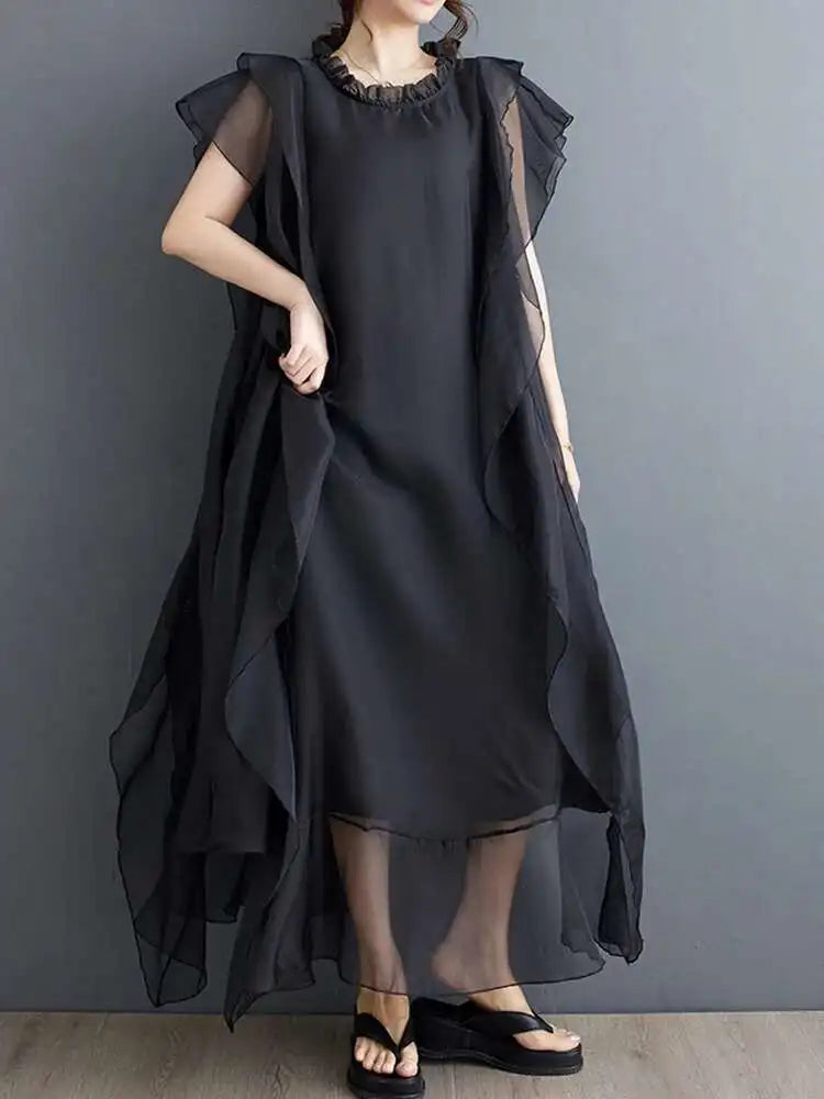 Women Black Ruffles Spliced Big Size Long Dress New Round Neck Short Sleeve Fashion Tide Spring Summer 2025 1DJ0327