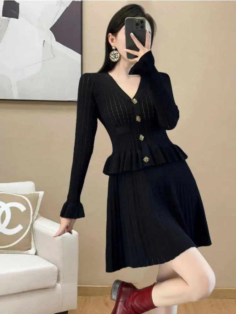 French Retro Women Black White V Neck Elegant Slim Long Sleeved Ruffles Dress Spring Single Breasted Office Knitted Short Dress