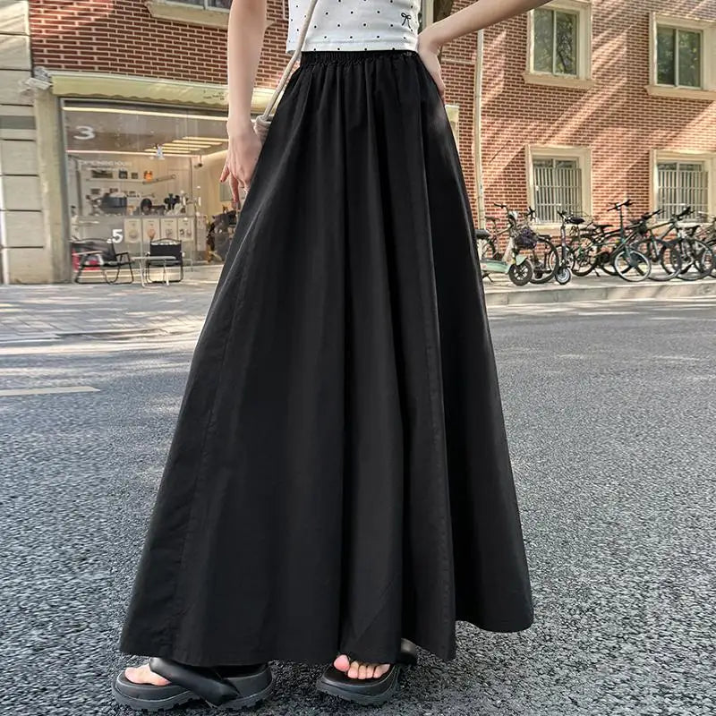 Spring Summer Women Black White Elegant Oversized Long Skirt French Fashion Brown High Waist Vacation Pleated Half Skirt Popular