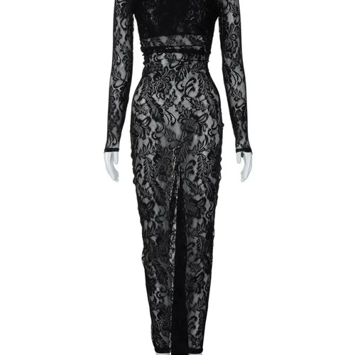 Load image into Gallery viewer, Lace Backless Sexy Maxi Dress For Women Gown Fashion Solid O Neck Long Sleeve Ruched Bodycon Club Long Dress Vestido
