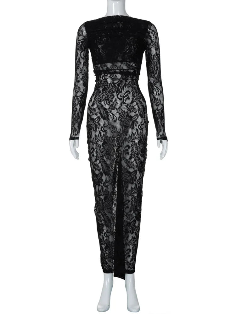 Lace Backless Sexy Maxi Dress For Women Gown Fashion Solid O Neck Long Sleeve Ruched Bodycon Club Long Dress Vestido