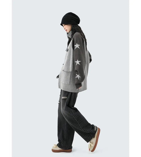 Vintage O-neck Cardigans Double Zipper Women Autumn Y2k Aesthetic Jacket Star Print Patchwork Color Sweater Korean