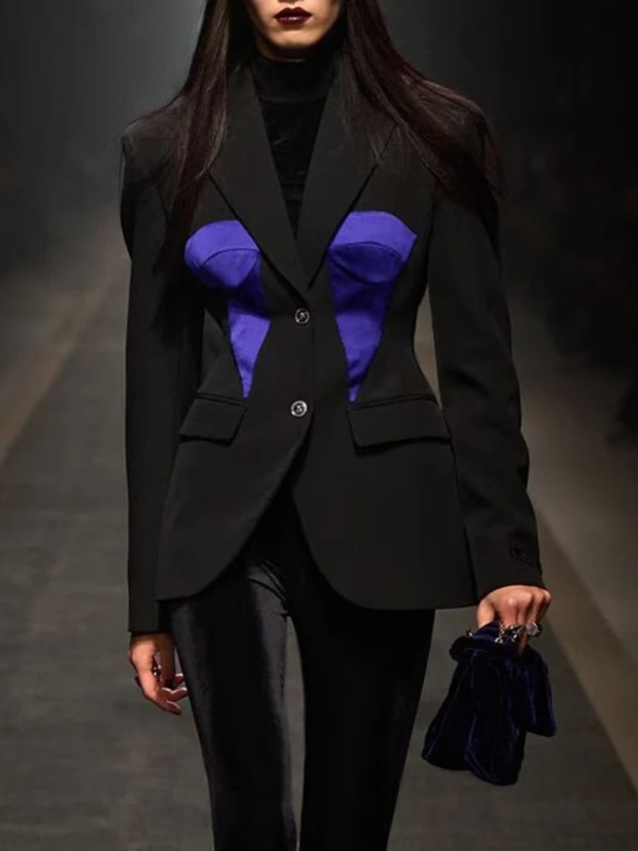 Hit Color Slimming Fashion Blazers for Women Lapel Long Sleeves Patchwork Single Breasted Blazer Female Clothes New