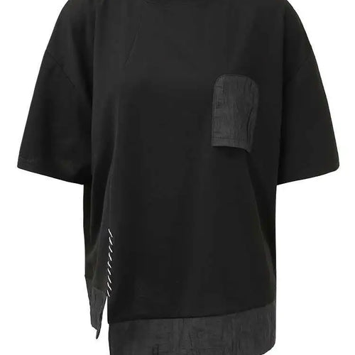 Load image into Gallery viewer, Women Black Pocket Color-block Topstitched Big Size T-shirt New Round Neck Short Sleeve Fashion Spring Summer 2025 1DH5356
