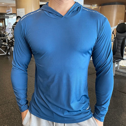 Load image into Gallery viewer, Gym Men T Shirt Casual Long Sleeve Slim Tops Tees Elastic T-shirt Sports Fitness Thin Comfort Breathable Quick Dry Hooded
