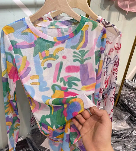 Fashion Tie-dye Woman T Shirts O-neck Long Sleeve Tunic Tees Fashion Gauze Camisetas Crop Tops Casual See Through Y2k Tshirts