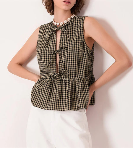 Tank Tops y2k Women Clothes Plaid Print Round Neck Tie Front Sleeveless Peplum Shirts Fashion Vest 2000s Streetwear