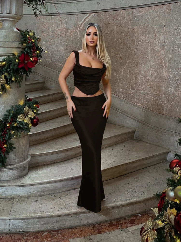 Summer Sets for Women 2 Pieces Corset Top and Long Skirt Coffee Wedding Guest Dress Elegant New in Matching Sets