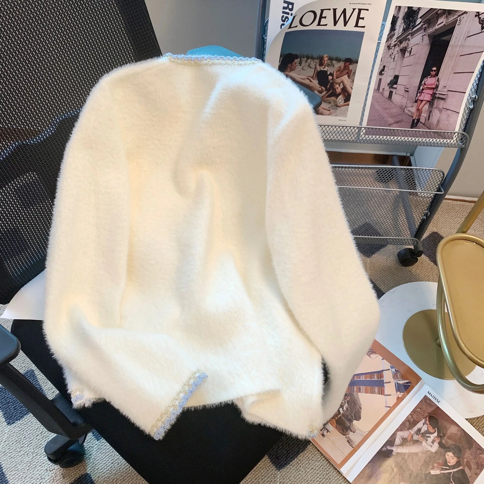 Autumn Winter French Black White Patchwork Knitted Cardigan Tops Women V Neck Single Breasted Long Sleeve Imitation Mink Sweater