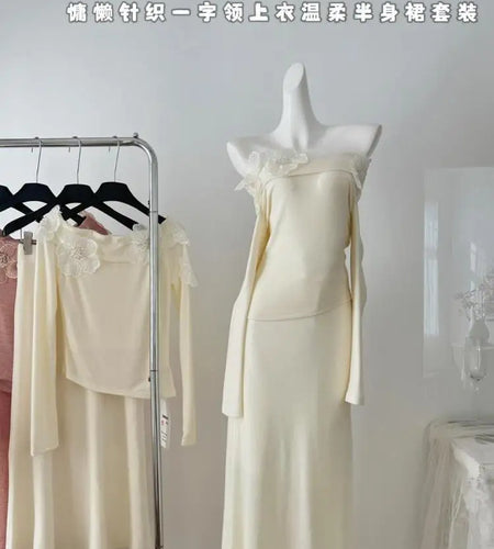 Korean Women Two-piece Sets Beige Pink Floral Sequins Long Sleeve Off Shoulder Knit Tops And High Waist Half Skirt Autumn Simple